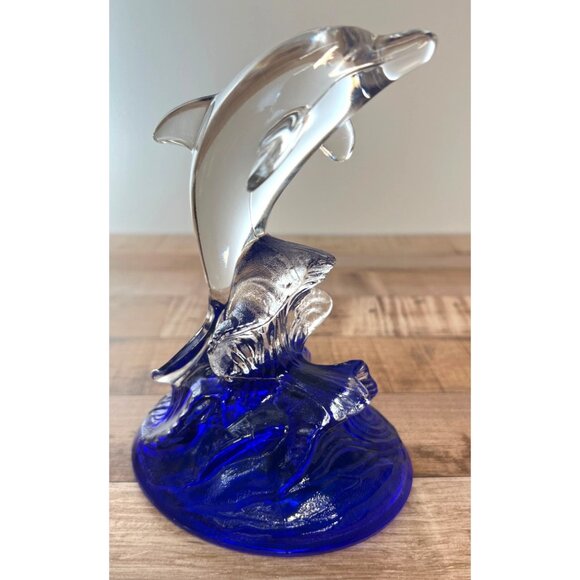 Clear Glass Dolphin Figurine On Blue Wave Base - Picture 3 of 4